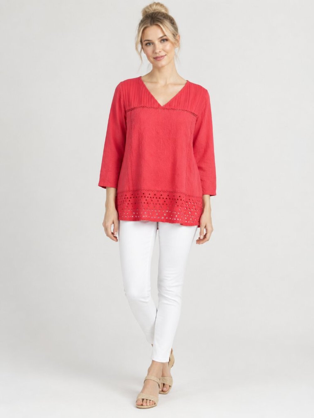 2/$30 Lucky Brand Open Knitwork Embroidered V-Neck Boho Tunic Red Large #A4530